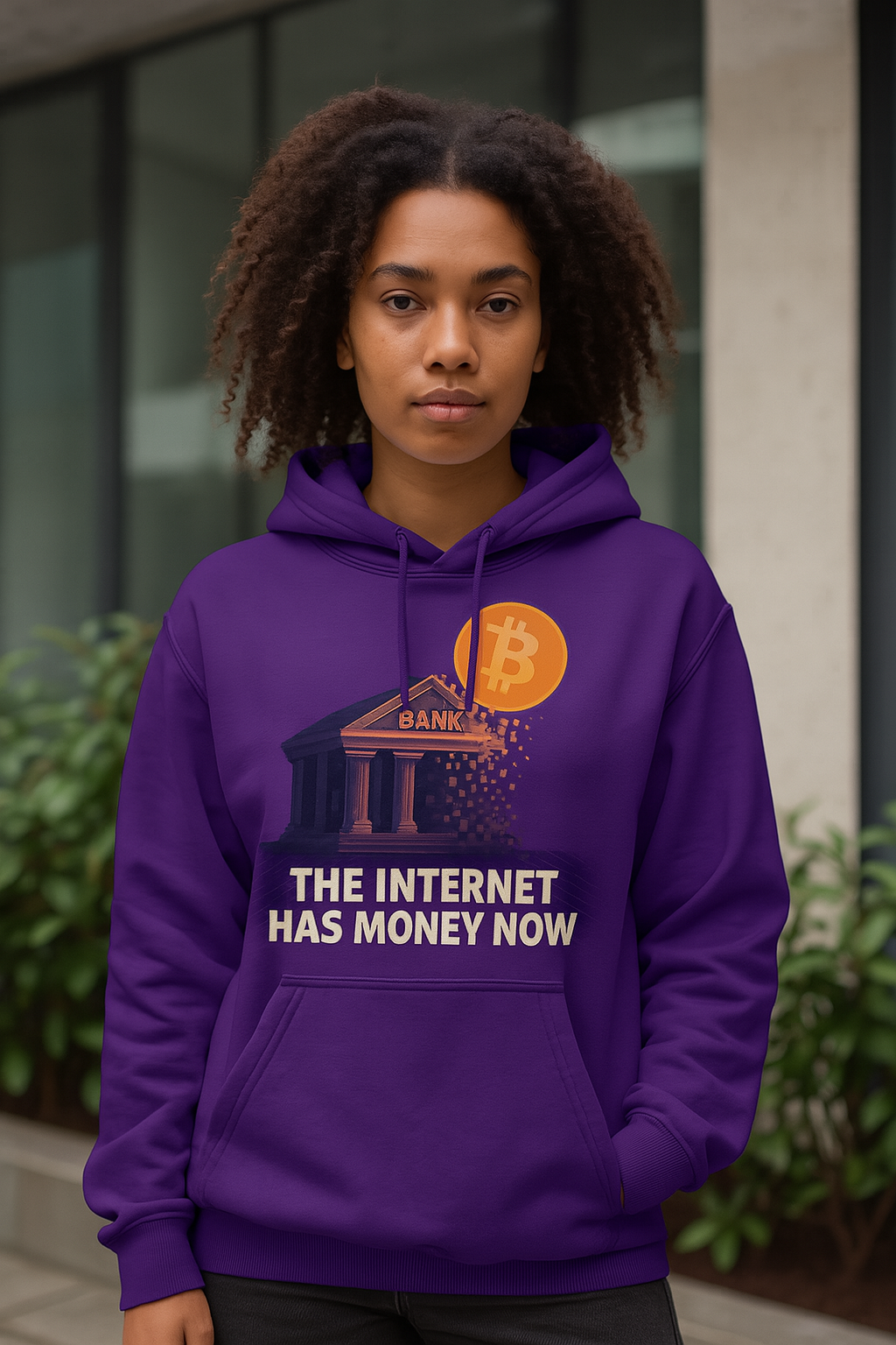 Person wearing a purple hoodie with Bitcoin and bank building design, text 'The Internet Has Money Now'.
